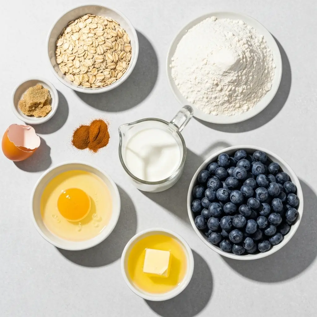 Blueberry Oatmeal Muffin Recipe (Hearty & Moist!) 1 Overhead view of ingredients for blueberry oatmeal muffins, including flour, oats, blueberries, milk, and eggs.