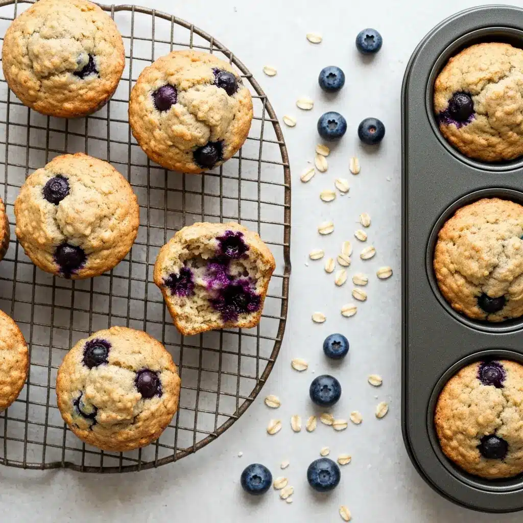 Blueberry Oatmeal Muffin Recipe (Hearty & Moist!) 2 An overhead shot of freshly baked blueberry oatmeal muffins cooling on a wire rack.