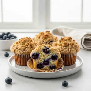 A close-up of three blueberry streusel muffins on a plate, with one broken open to show the moist inside.