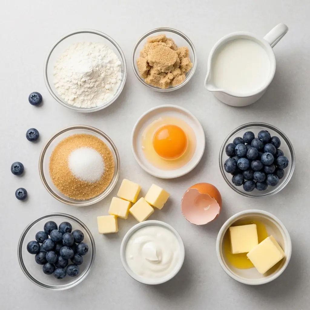 Blueberry Streusel Muffin Recipe (Bakery-Style Perfection) 1 An overhead shot of ingredients for blueberry streusel muffins, including flour, sugar, butter, eggs, and blueberries.