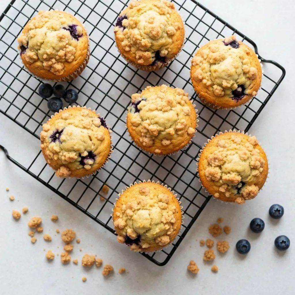 Blueberry Streusel Muffin Recipe (Bakery-Style Perfection) 2 An overhead view of freshly baked blueberry streusel muffins cooling on a wire rack.