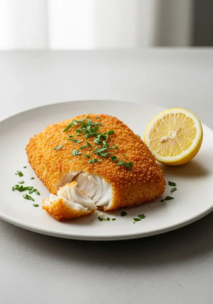 A crispy, golden-brown breaded halibut fillet on a white plate with a lemon wedge.