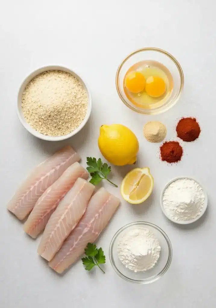 Oven-Baked Breaded Halibut Recipe for a Healthy Crunch Without All the Frying Oil 1 Ingredients for breaded halibut recipe, including halibut fillets, panko, flour, and seasonings.