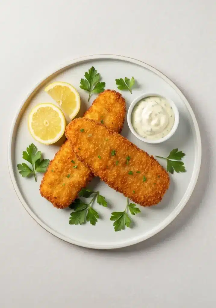 Oven-Baked Breaded Halibut Recipe for a Healthy Crunch Without All the Frying Oil 2 Overhead shot of two crispy breaded halibut fillets on a plate.
