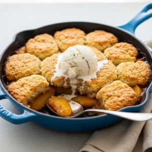 A warm brown sugar peach cobbler in a cast iron skillet with a scoop of melting vanilla ice cream on top.