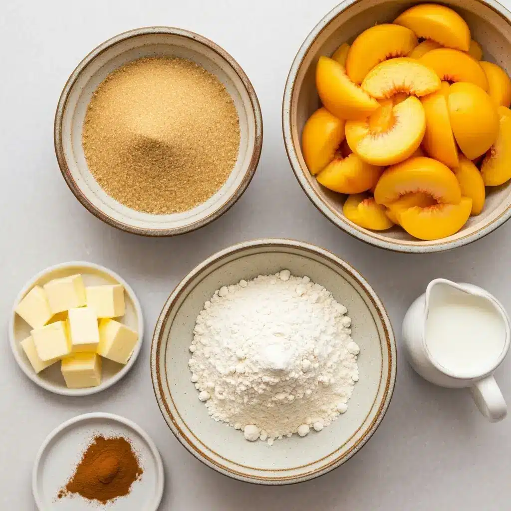 Brown Sugar Peach Cobbler with a Buttery Biscuit Topping 1 Ingredients for brown sugar peach cobbler laid out on a light surface, including peaches, brown sugar, flour, and butter.