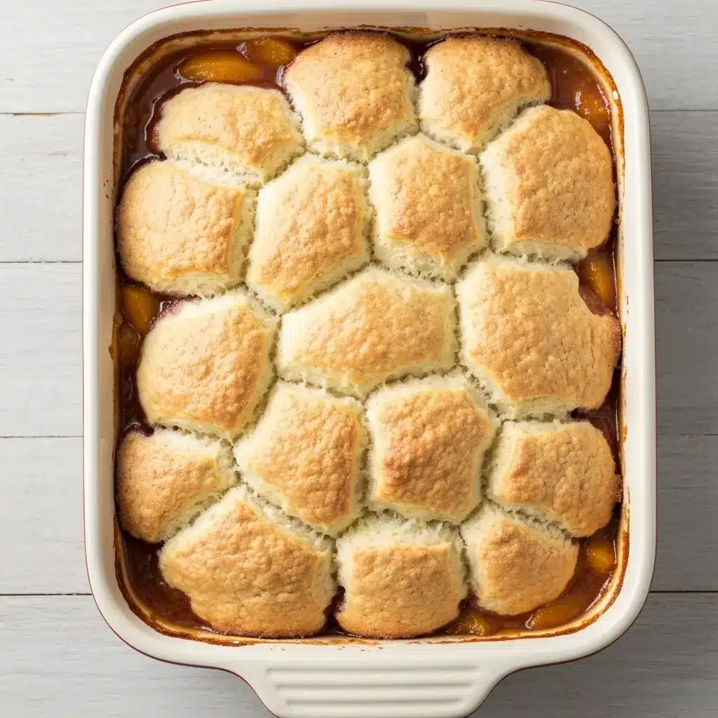 Brown Sugar Peach Cobbler with a Buttery Biscuit Topping 3 An overhead view of a freshly baked brown sugar peach cobbler in a white baking dish.
