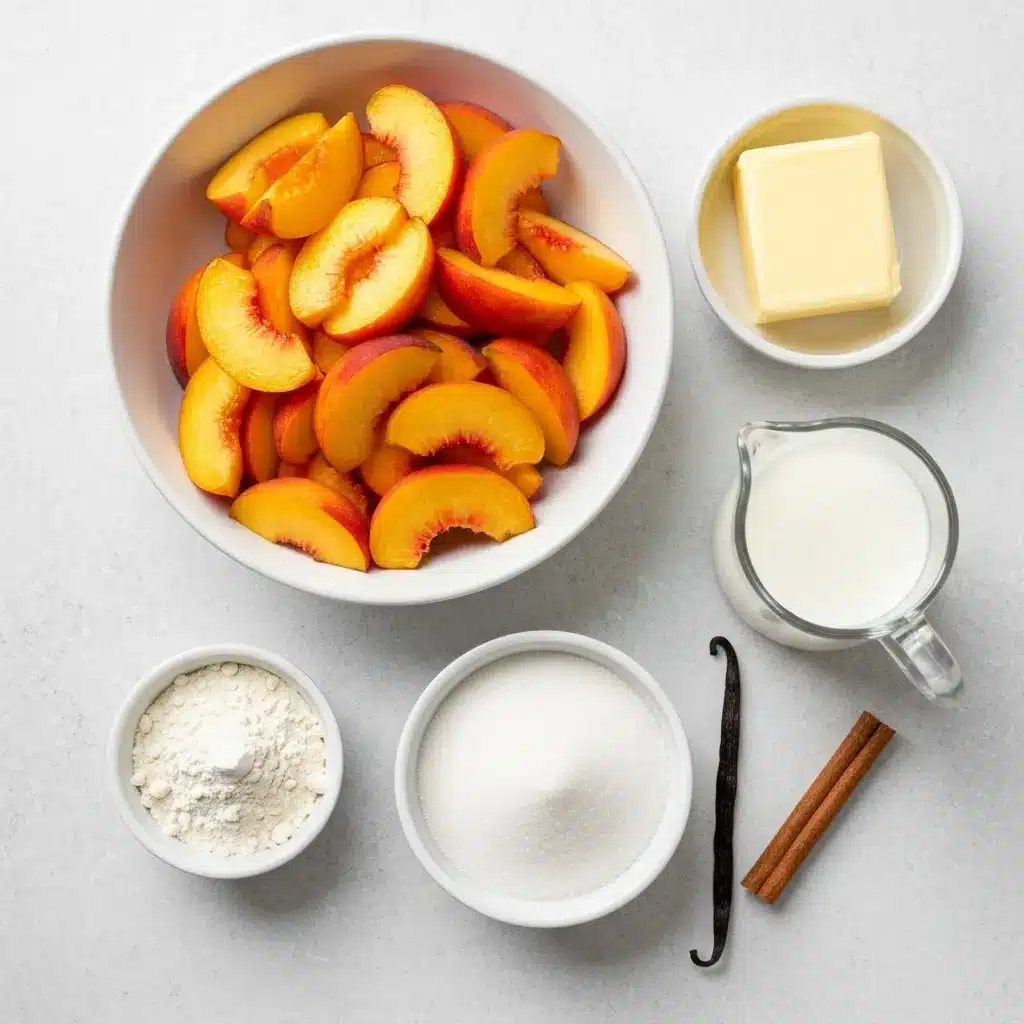 Cast Iron Peach Cobbler Recipe (The Ultimate Guide) 1 Ingredients for cast iron peach cobbler: fresh peaches, flour, sugar, butter, and milk.