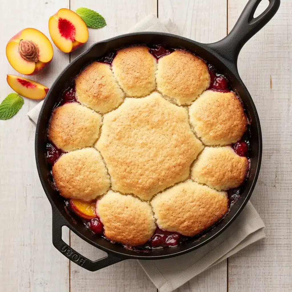 Cast Iron Peach Cobbler Recipe (The Ultimate Guide) 2 Overhead view of a freshly baked cast iron peach cobbler in a skillet.