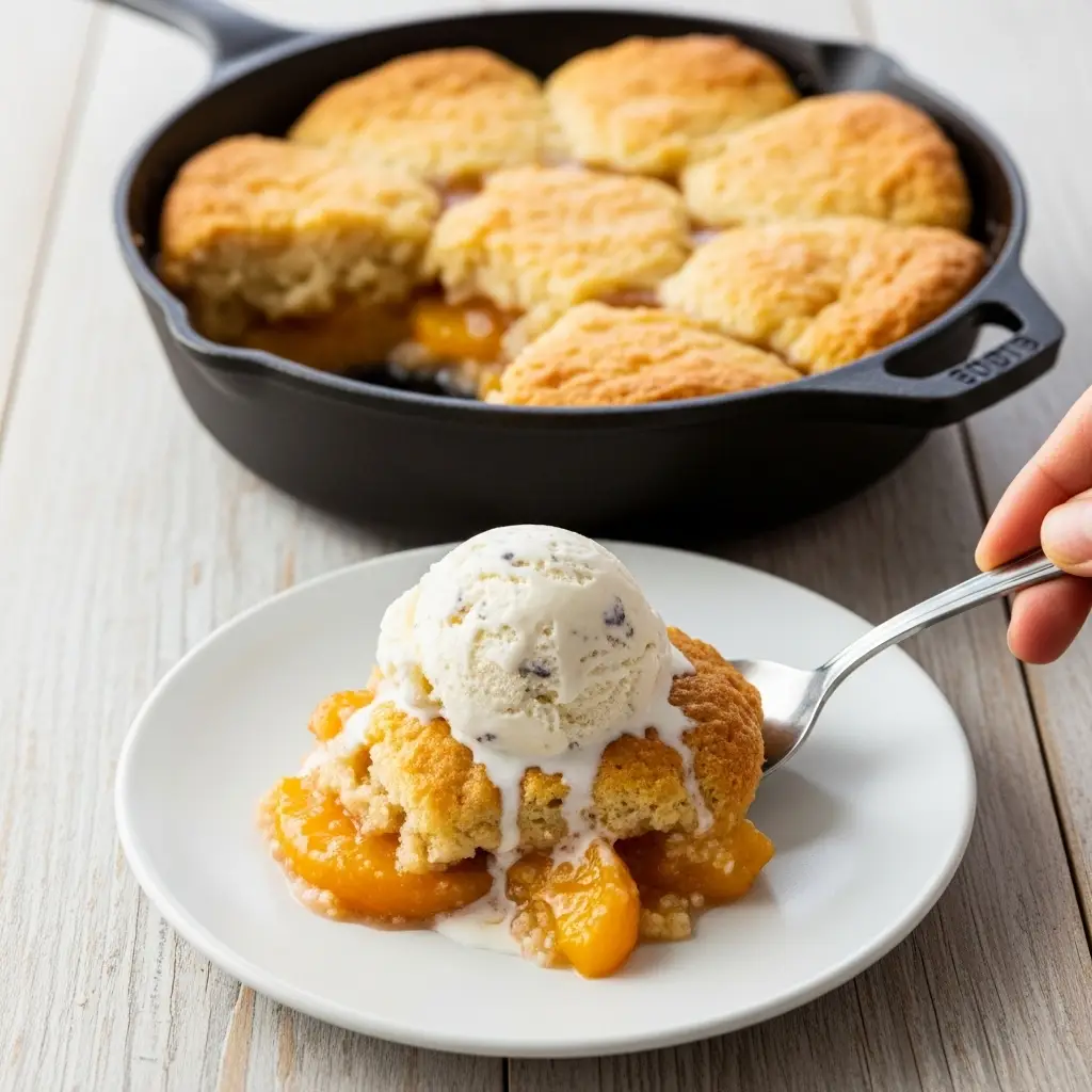 A serving of cast iron peach cobbler being scooped from the skillet, with vanilla ice cream melting on top.