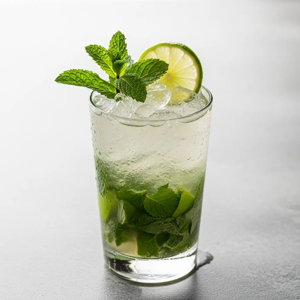 A perfectly made classic mojito recipe in a tall glass with fresh mint and a lime garnish.