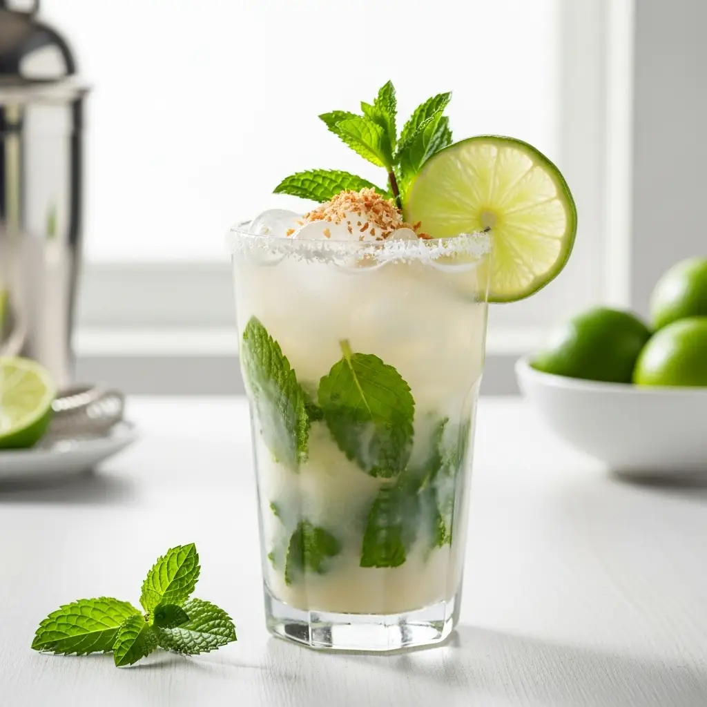 A creamy coconut mojito in a tall glass garnished with a lime wheel, mint sprig, and toasted coconut.