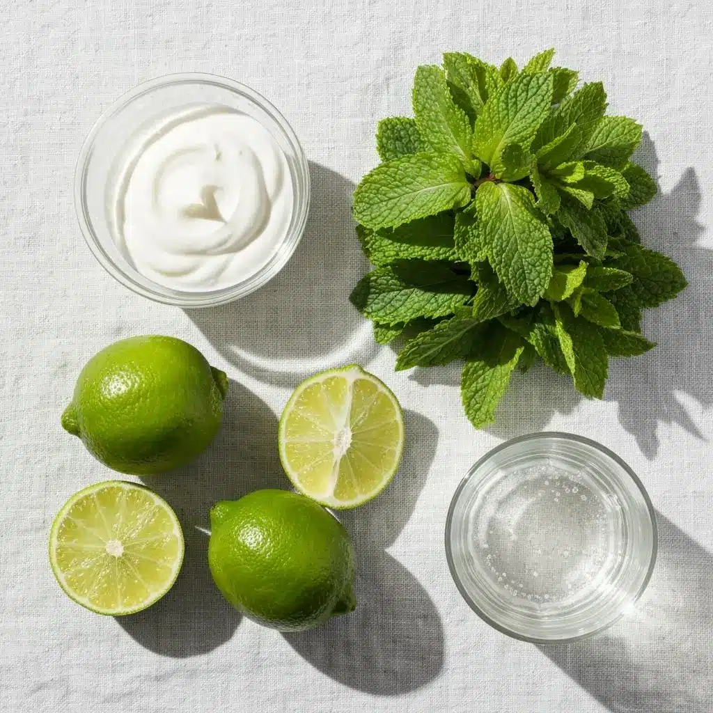Coconut Mojito Recipe: The Ultimate Creamy Tropical Escape 1 Ingredients for a coconut mojito recipe laid out on a light surface: mint, limes, rum, and cream of coconut.