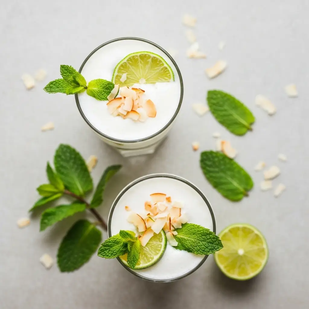 Coconut Mojito Recipe: The Ultimate Creamy Tropical Escape 2 An overhead shot of two creamy coconut mojitos garnished with mint and lime.