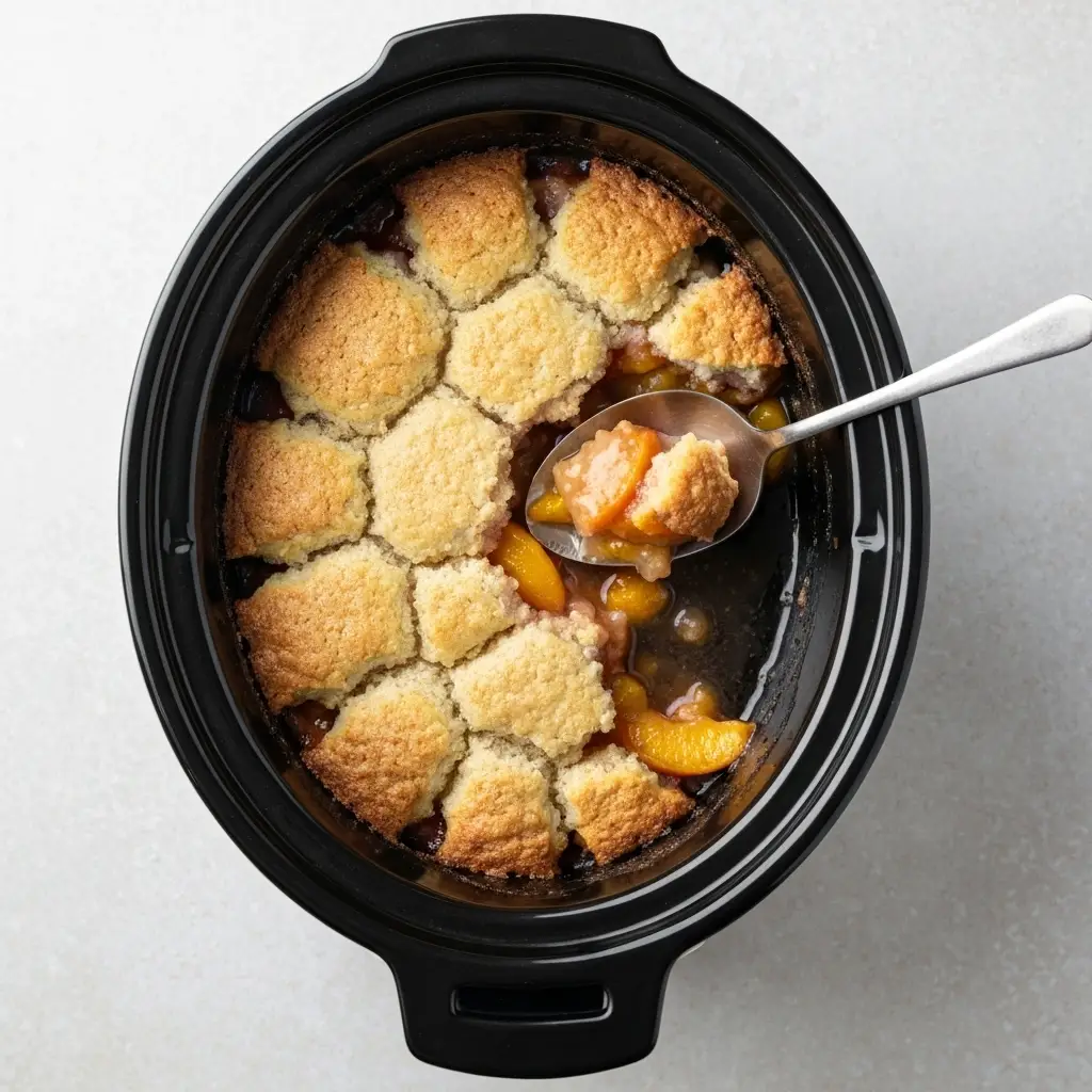 Crock Pot Peach Cobbler Recipe (So Easy with Cake Mix!) 2 Overhead view of the finished peach cobbler in the slow cooker crock.