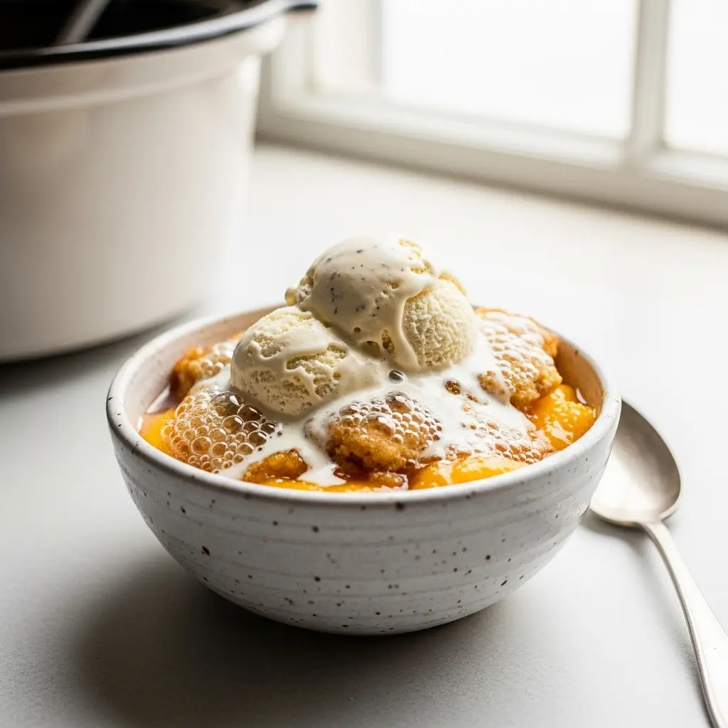 A bowl of warm crock pot peach cobbler with a scoop of melting vanilla ice cream on top.