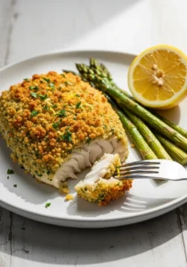 A serving of crusted halibut recipe with a golden parmesan Panko topping, plated with roasted asparagus and a lemon wedge.