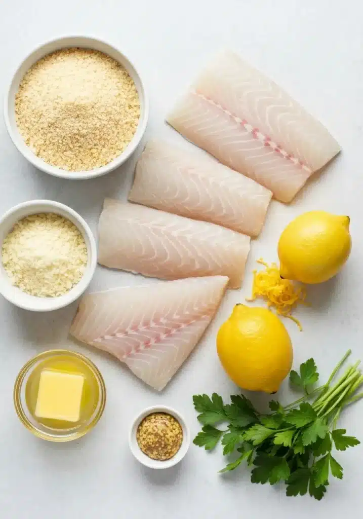 Amazing Parmesan Crusted Halibut Recipe That's Baked in the Oven for a Crispy Topping 1 Ingredients for crusted halibut recipe laid out on a light surface, including halibut fillets, panko, parmesan, lemon, and parsley.