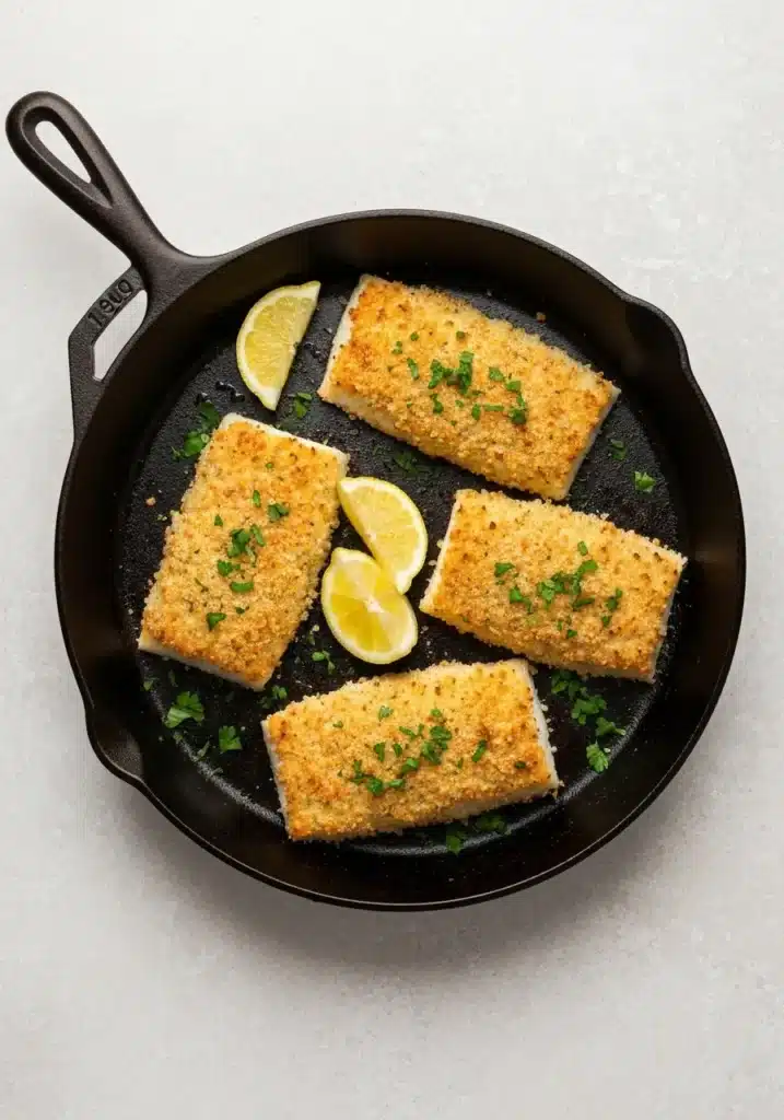 Amazing Parmesan Crusted Halibut Recipe That's Baked in the Oven for a Crispy Topping 2 Overhead view of four crusted halibut fillets cooked in a skillet, garnished with parsley.