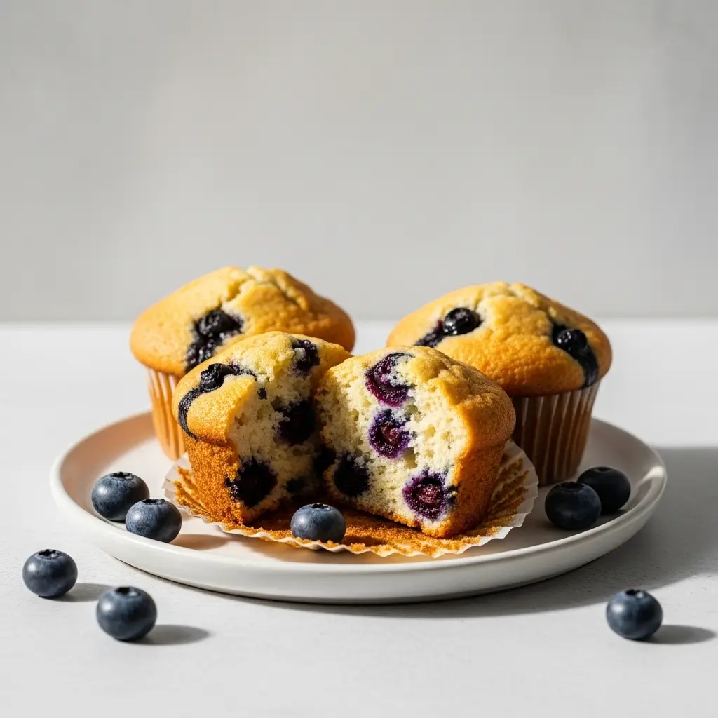A close-up of three easy homemade blueberry muffins on a light plate, with one broken open to show the moist inside.