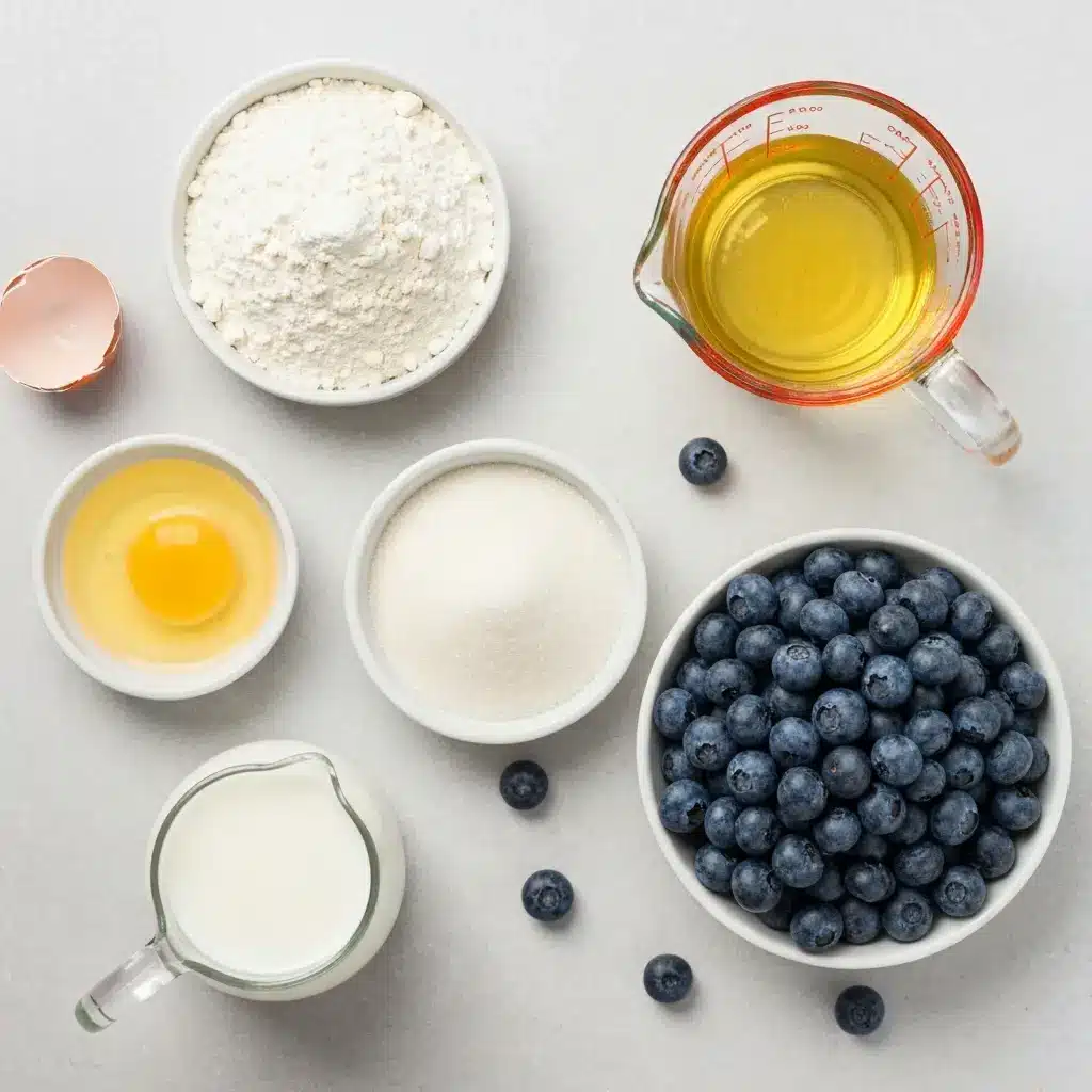 Overhead view of the ingredients for the easy blueberry muffin recipe: flour, sugar, egg, oil, milk, and fresh blueberries.