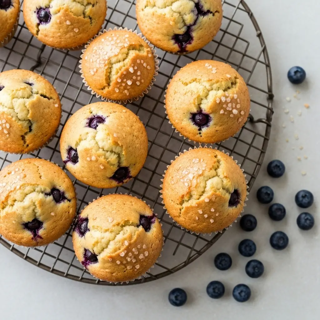An overhead shot of a batch of homemade easy blueberry muffins cooling on a wire rack.