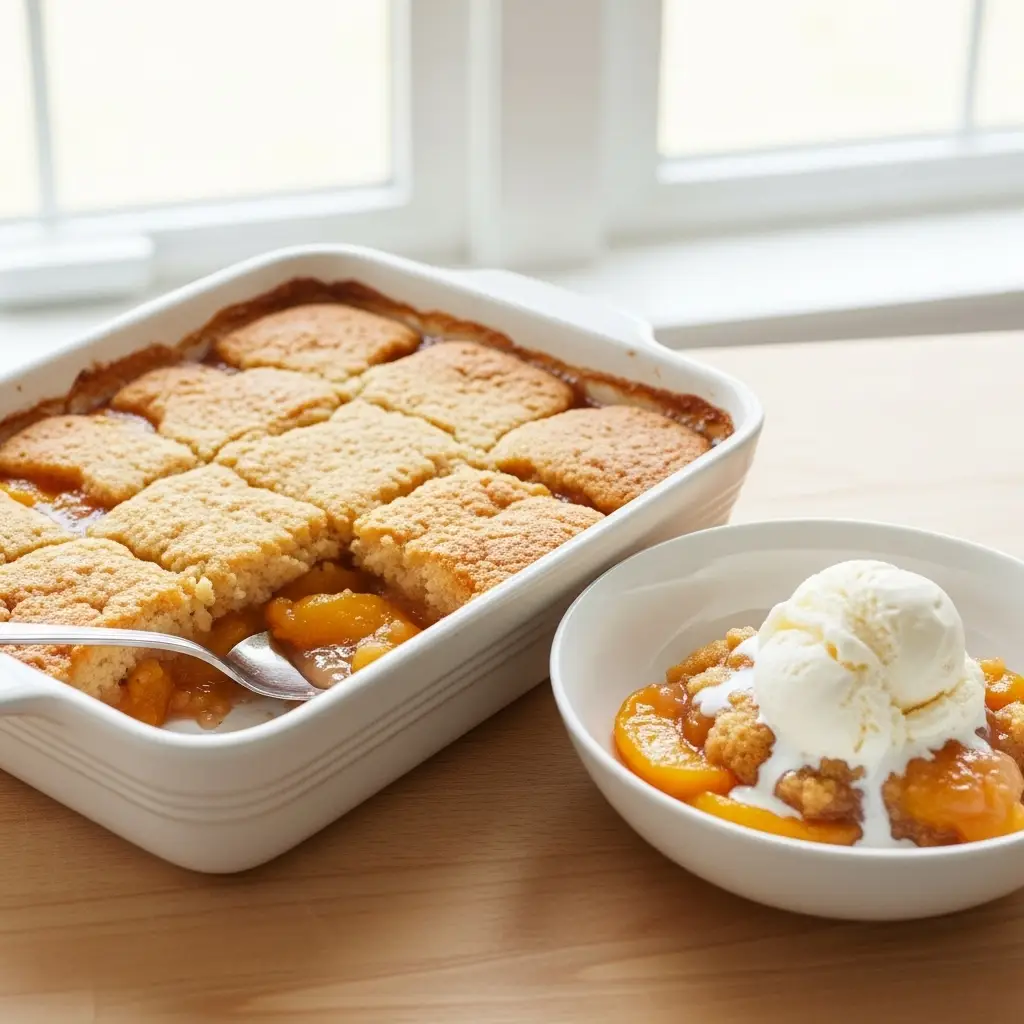 Peach Cobbler Recipe (The Easiest & Best Ever!) 3 A serving of easy homemade peach cobbler with a scoop of melting vanilla ice cream in a white bowl, next to the full baking dish.