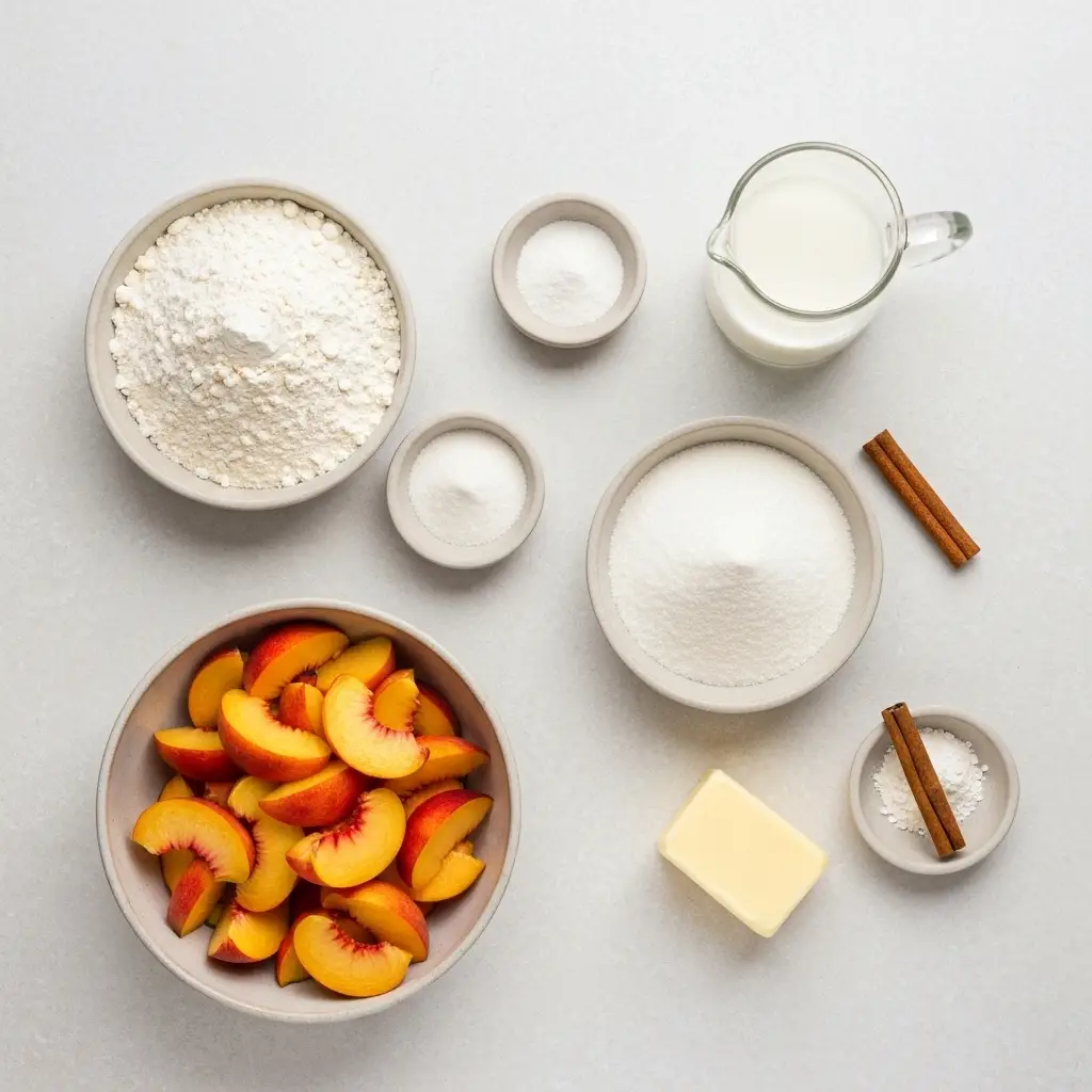 Easy Peach Cobbler Recipe (Ready in Under an Hour!) 1 Ingredients for easy peach cobbler laid out on a light surface.