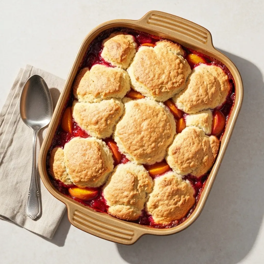 Easy Peach Cobbler Recipe (Ready in Under an Hour!) 3 An overhead view of a freshly baked easy peach cobbler in a baking dish.