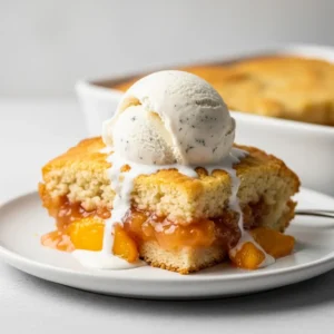 A slice of easy peach cobbler on a white plate with a scoop of melting vanilla ice cream.
