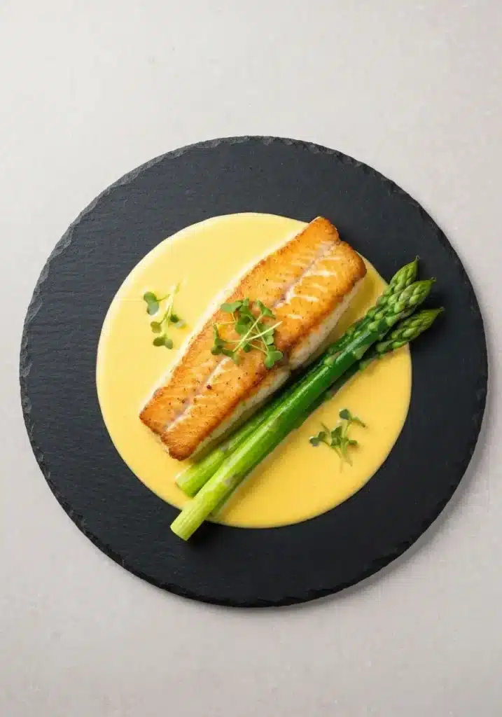 A Stunning Fine Dining Halibut Recipe with a Lemon Beurre Blanc Sauce You Can Make at Home 2 An overhead shot of the finished fine dining halibut recipe on a dark plate, showing the seared fish and yellow sauce.