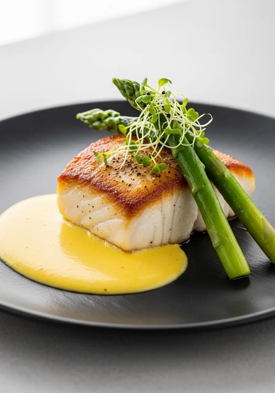 A Stunning Fine Dining Halibut Recipe with a Lemon Beurre Blanc Sauce You Can Make at Home 3 A fine dining halibut recipe plated beautifully with a golden-seared fillet on a pool of yellow saffron beurre blanc sauce and garnished with fresh greens.