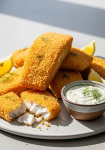 A platter of crispy fried halibut panko recipe, with one piece broken to show the flaky fish, served with lemon wedges and tartar sauce.