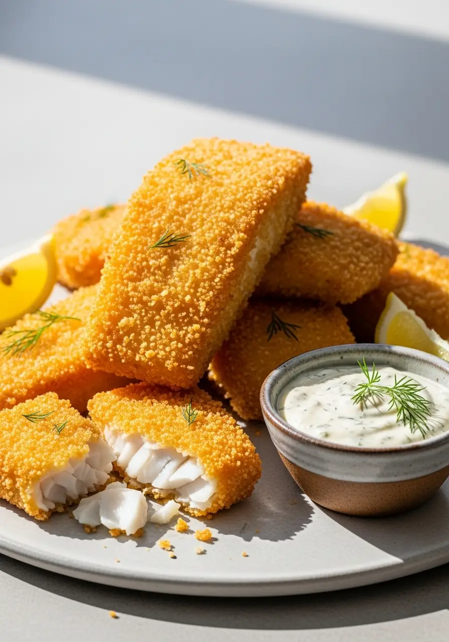 Extra Crispy Fried Halibut Panko Recipe for the Best Homemade Fish and Chips Ever 3 A platter of crispy fried halibut panko recipe, with one piece broken to show the flaky fish, served with lemon wedges and tartar sauce.