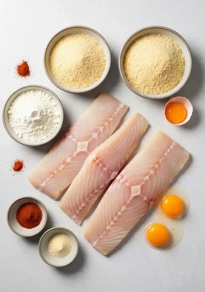 Extra Crispy Fried Halibut Panko Recipe for the Best Homemade Fish and Chips Ever 1 Ingredients for fried halibut panko recipe laid out on a light surface, including halibut fillets, panko, flour, eggs, and spices.