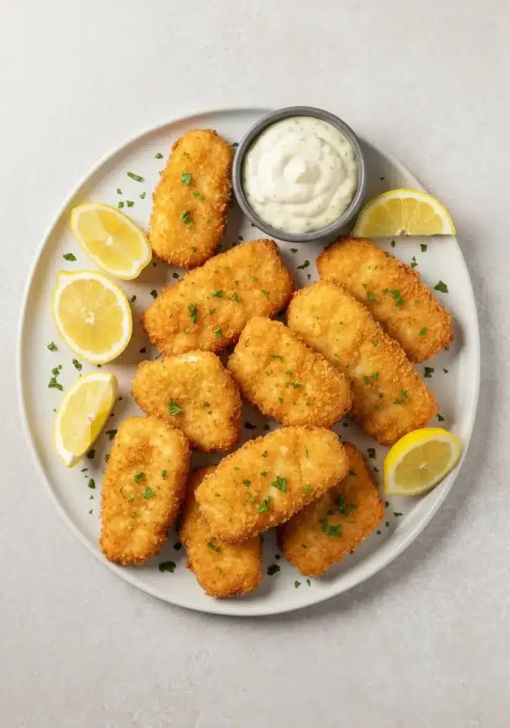 Extra Crispy Fried Halibut Panko Recipe for the Best Homemade Fish and Chips Ever 2 Overhead view of crispy panko fried halibut on a platter with tartar sauce and lemon.