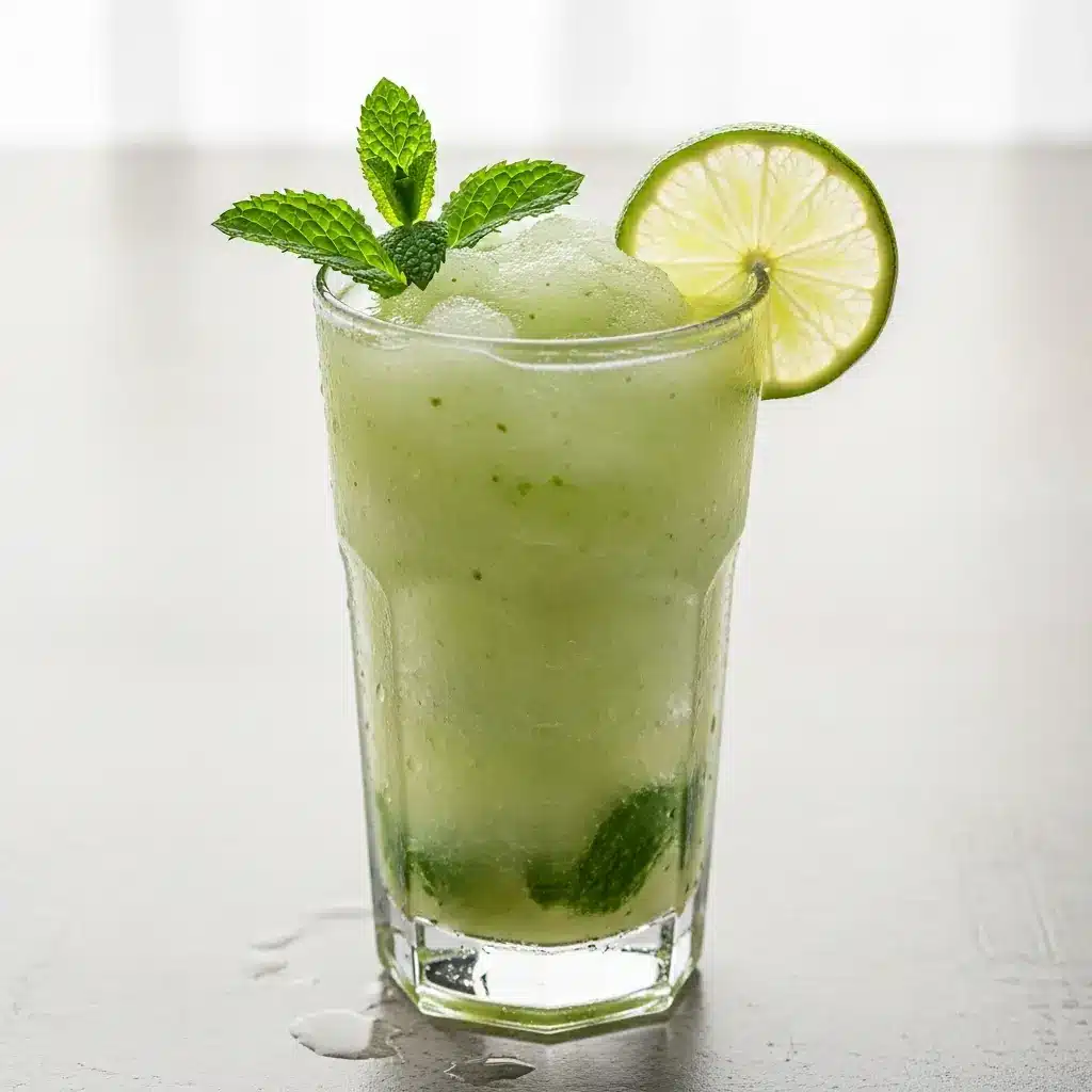 A tall glass filled with a frosty frozen mojito recipe, garnished with a fresh mint sprig and a lime wheel.