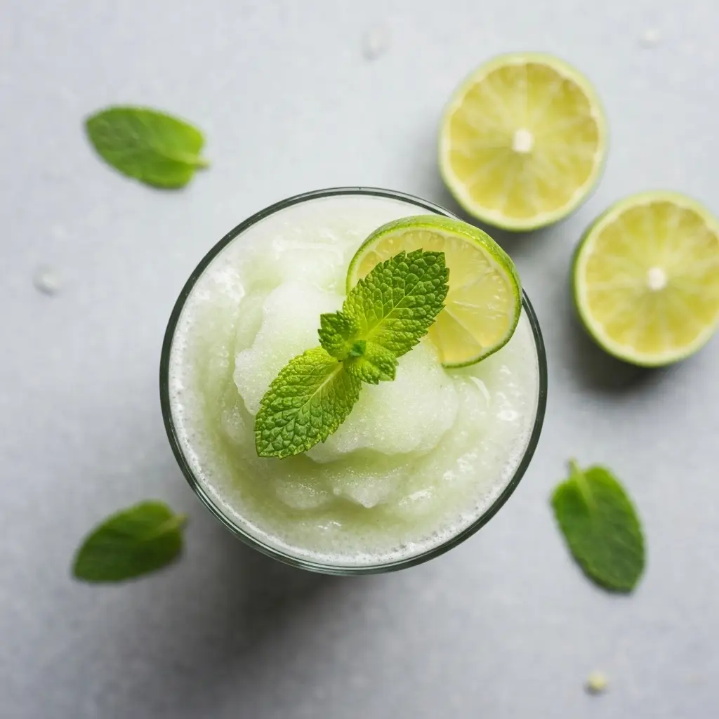 Frozen Mojito Recipe: The Ultimate Slushy Cocktail 2 An overhead view of a blended frozen mojito in a glass, garnished with mint and a lime wheel.