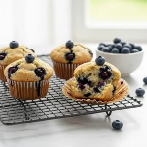 A close up of three gluten free blueberry muffins on a cooling rack, with one broken open to show the moist and fluffy interior.