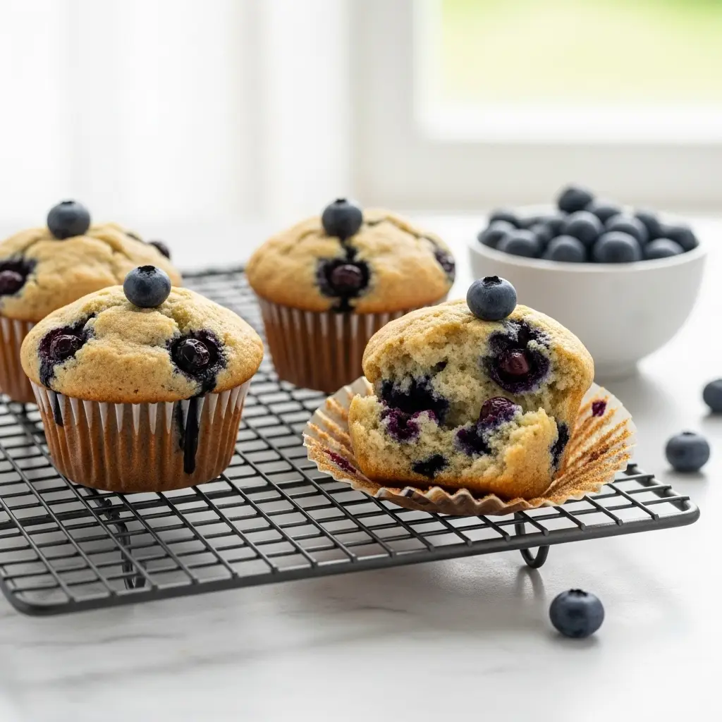 A close up of three gluten free blueberry muffins on a cooling rack, with one broken open to show the moist and fluffy interior.