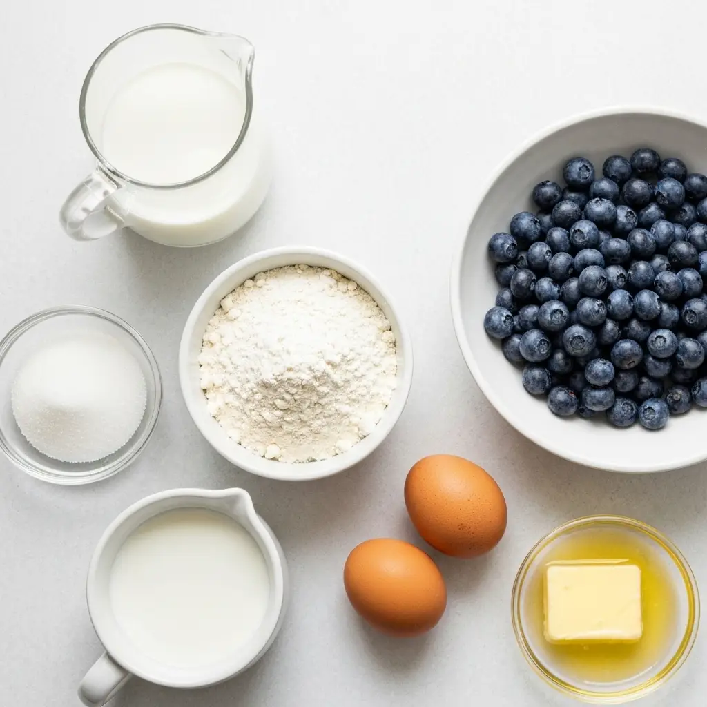 Gluten Free Blueberry Muffin Recipe (That’s Actually Moist & Fluffy!) 1 Ingredients for the gluten free blueberry muffin recipe arranged in bowls on a light surface.