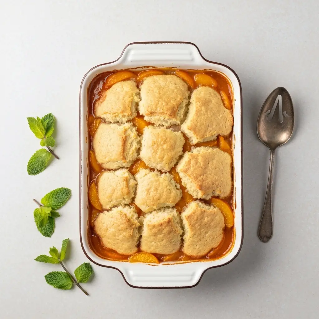 Gluten-Free Peach Cobbler Recipe (The Best & Easiest!) 2 An overhead photo of a freshly baked gluten-free peach cobbler in a white baking dish, showing the golden topping and bubbly fruit filling.