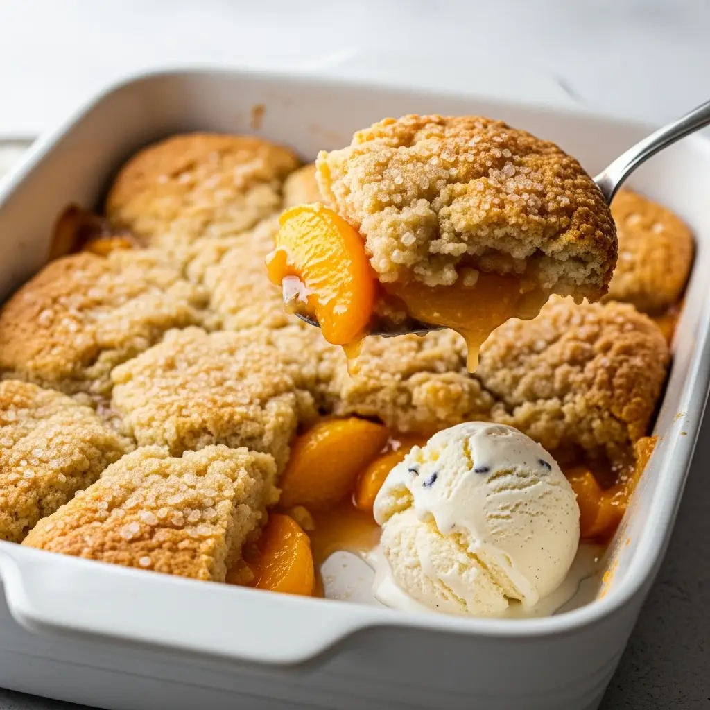 A scoop of gluten-free peach cobbler with a golden biscuit topping being served from a white baking dish, with vanilla ice cream melting alongside.