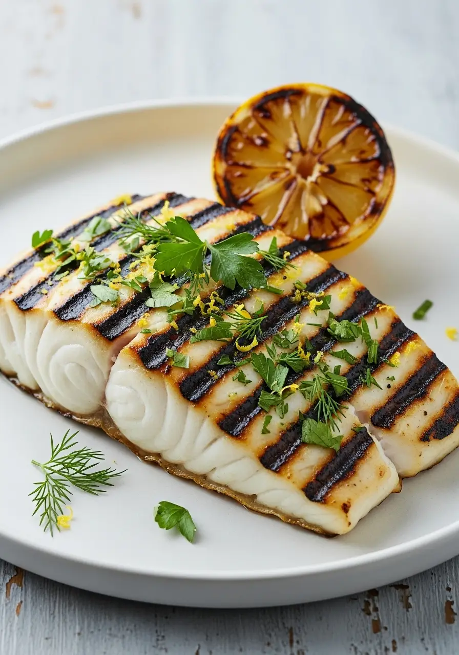 Perfectly Grilled Halibut Recipe with a Zesty Lemon Herb Marinade Everyone Will Love 3 A perfectly grilled halibut fillet on a white plate, garnished with fresh herbs and a lemon wedge.
