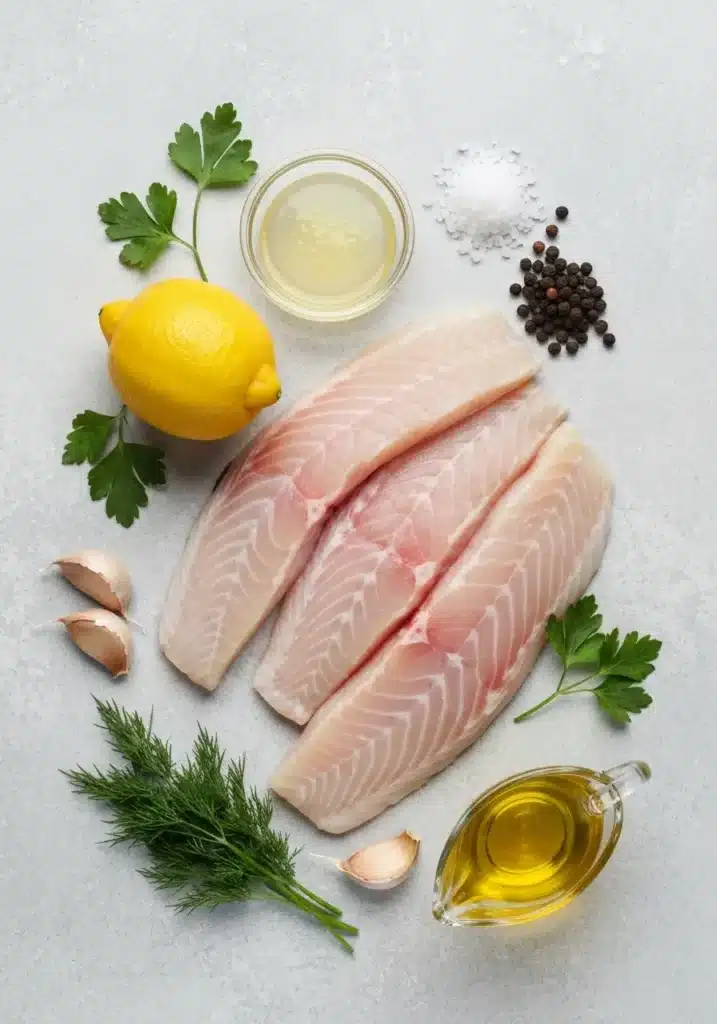 Perfectly Grilled Halibut Recipe with a Zesty Lemon Herb Marinade Everyone Will Love 1 Ingredients for grilled halibut recipe laid out on a neutral surface, including halibut fillets, lemon, garlic, and fresh herbs.