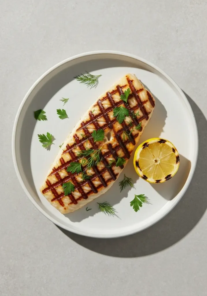 Perfectly Grilled Halibut Recipe with a Zesty Lemon Herb Marinade Everyone Will Love 2 An overhead view of a grilled halibut fillet, perfectly cooked with grill marks and fresh herb garnish.