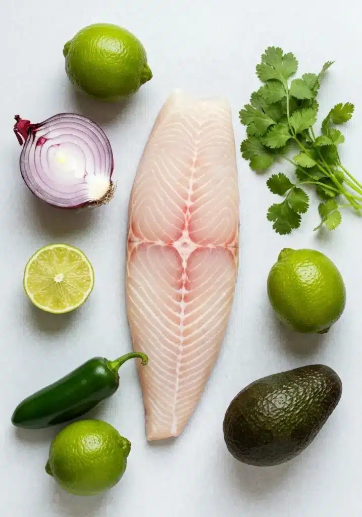 An overhead shot of the ingredients for halibut ceviche: a fresh halibut fillet, limes, red onion, jalapeño, cilantro, and an avocado.