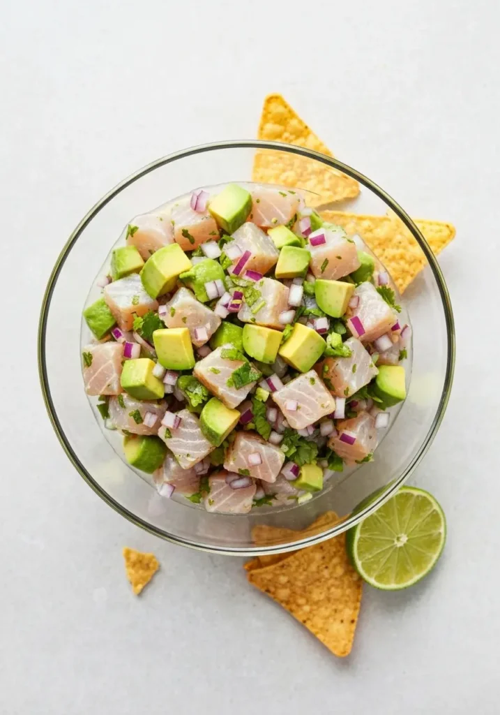 An overhead flat lay view of a bowl of halibut ceviche, surrounded by tortilla chips and a lime wedge.