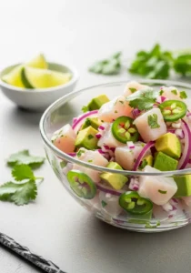A close-up 45-degree angle shot of a glass bowl filled with fresh halibut ceviche, garnished with cilantro and served with lime wedges on the side.
