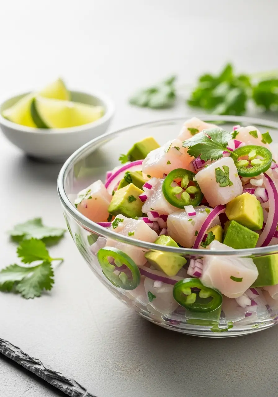 A close-up 45-degree angle shot of a glass bowl filled with fresh halibut ceviche, garnished with cilantro and served with lime wedges on the side.
